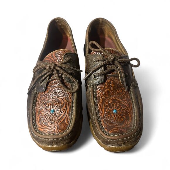 Twisted X Moccasins Size 6.5 M Floral Tooled Leather Driving Mocs Shoes Brown  - Picture 6 of 8